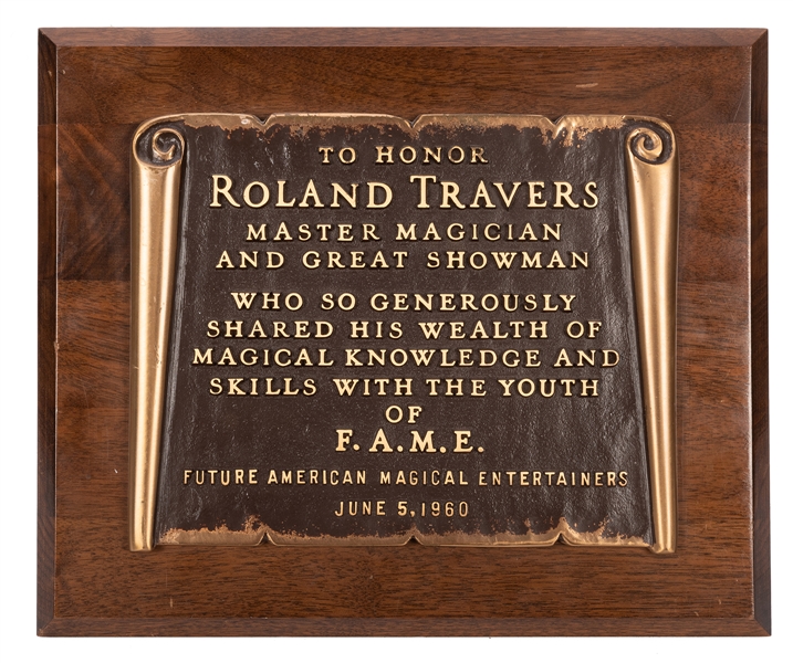 Roland Travers F.A.M.E. Master Magician Bronze Plaque.
