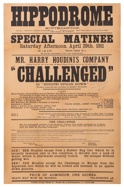 Hippodrome Southampton. Houdini “Challenged”. 