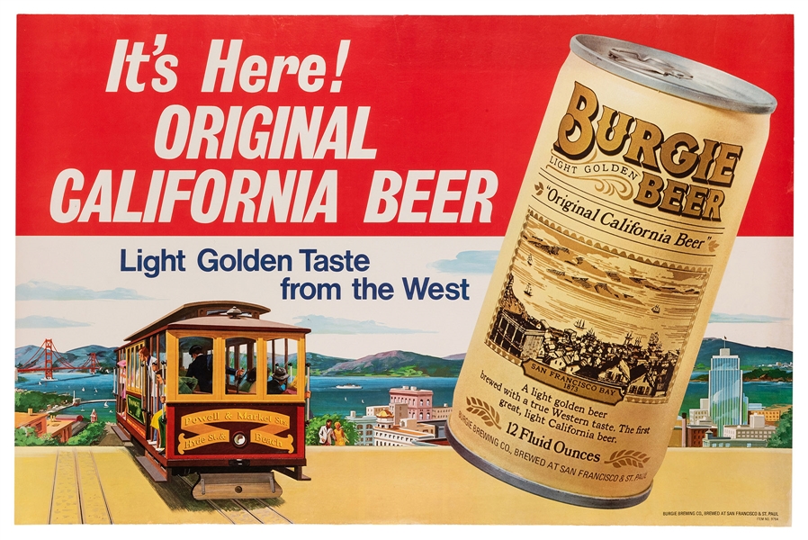 Burgie Beer. Original California Beer. San Francisco: Burgie Brewing Co., ca. 1970s. 