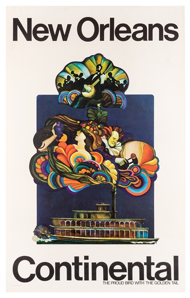Continental Airlines. New Orleans. Circa 1960s. A colorful designed travel poster of smoke emitting from a steamboat. 39 ¾ x 25 ¼”. Creases on bottom left corner. A. Linen backed.