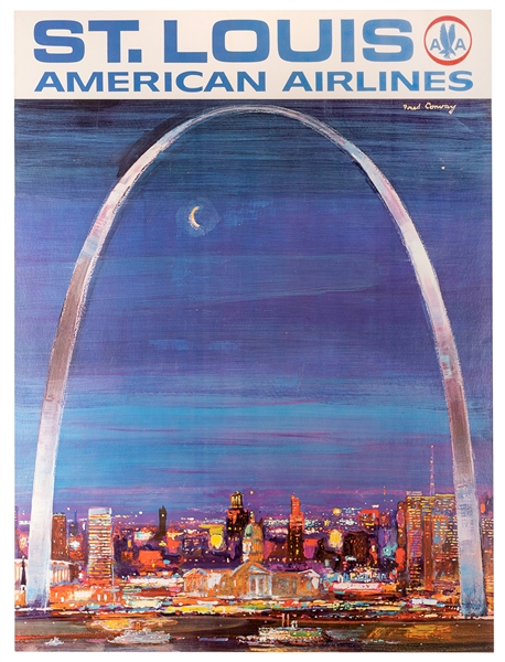 Conway, Frederick (1900-1972). St. Louis. American Airlines. Circa 1960. Mid-century depicted travel poster of the Gateway Arch in this classic airline poster. 39 ¾ x 30”. Minor closed tears to...