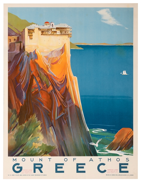 Cory. Mount of Athos. Greece. Athens: M. Pechlivanides, 1949. Color lithograph travel poster issued by the Tourist Department of Greece, hand-stamps of Greek Line (New York) to margin. 31 ½ x 24”....