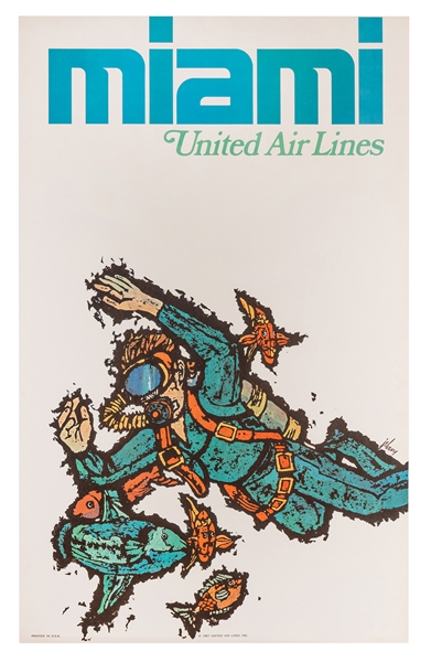Jebary, James. Miami. United Air Lines. U.S.A., 1967. Offset lithograph travel poster of a scuba diver swimming amongst a school of fish. 40 x 25”. Minor soiling to margins. A. Linen backed.