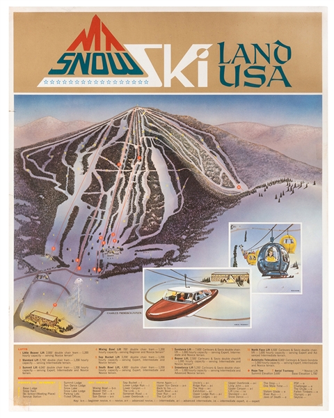 Jepsen, Charles Frederick. Mt. Snow Ski Land. Circa 1950s. Detailed map of Mt. Snow ski slope in Vermont featuring insets of futuristic “aerial tramway” and “telecabine.” 27 ½ x 22”. Expertly...