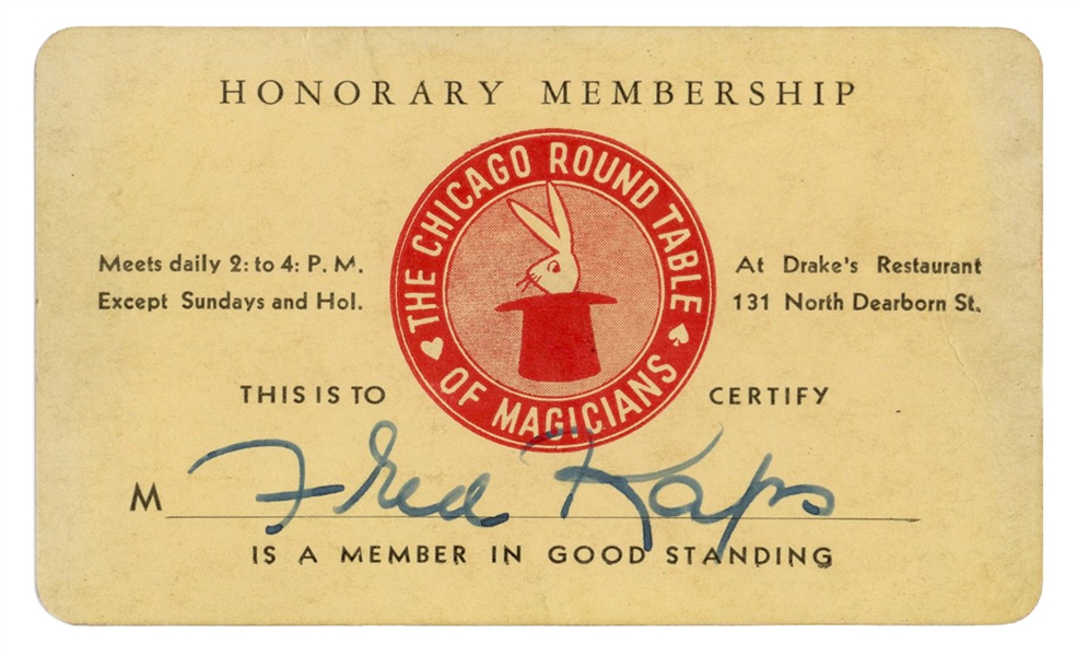 [Autographs] Kaps, Fred. Fred Kaps’ Chicago Roundtable of Magicians Membership Card. 