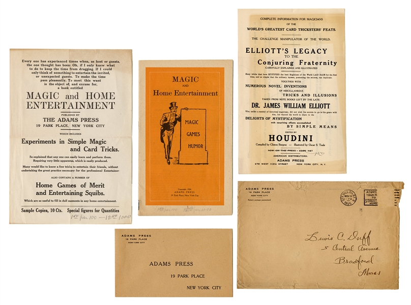 Houdini, Harry (Ehrich Weisz). [Houdini, Harry] Adams Press Mailer with “Elliott’s Last Legacy” Prospectus.
