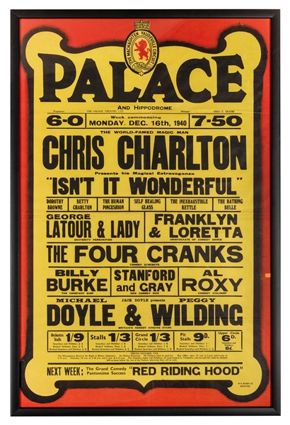Charlton, Chris. Chris Charlton Palace and Hippodrome Vaudeville Circuit Broadside. 