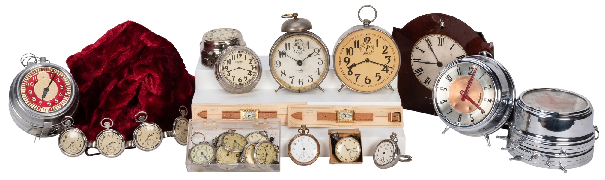 Collection of Trick Alarm Clocks and Pocket Watches.