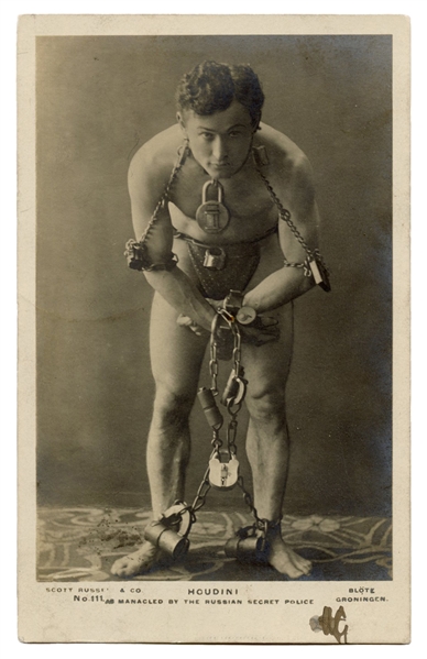 Houdini Real Photo Postcard. “Manacled by the Russian Police.”
