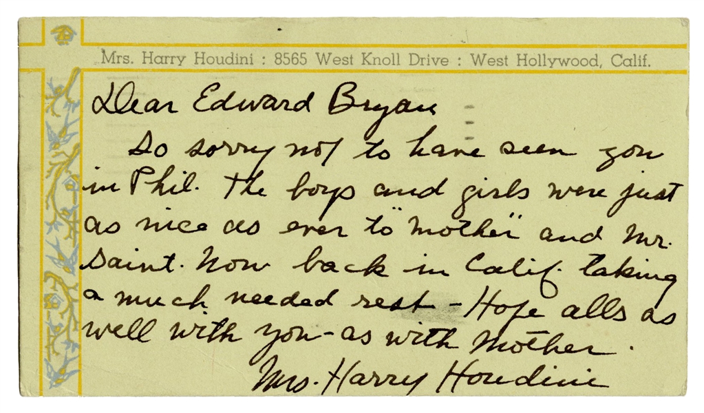 Bess Houdini Autograph Postcard Signed.