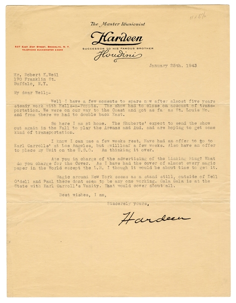Hardeen Typed Letter Signed.