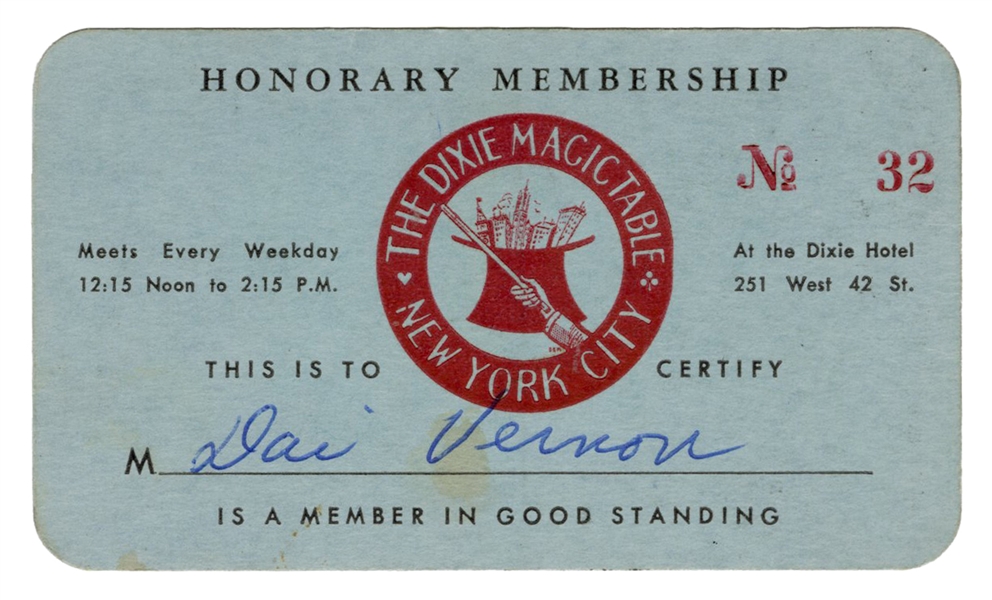 Dai Vernon’s Dixie Magic Table Membership Card.