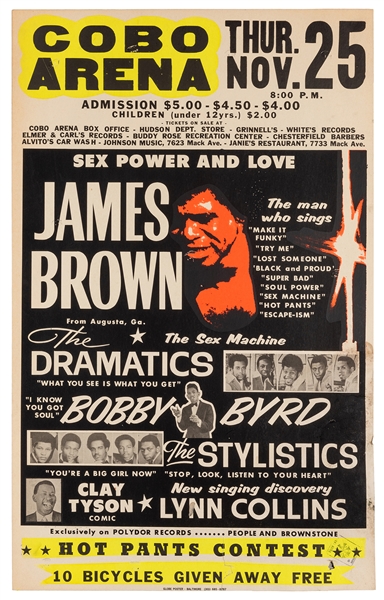  James Brown “Sex Power and Love” Jumbo Window Card. Cobo Arena. 