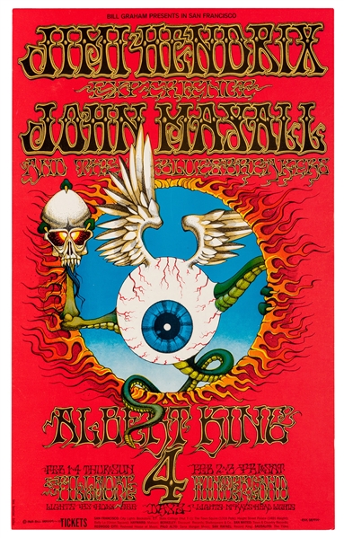  Jimi Hendrix “Flying Eyeball” Concert Poster. 1968. 
