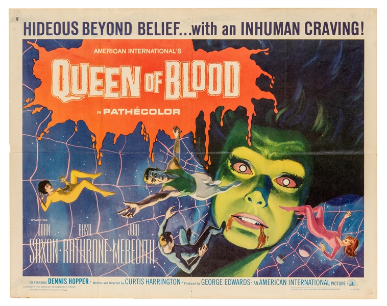 Queen of Blood. American International, 1966. Half sheet (22 x 28”). Offset lithograph movie poster for the sci-fi horror. Folded as issued, pinholes and tears in corners with some paper loss. B-.