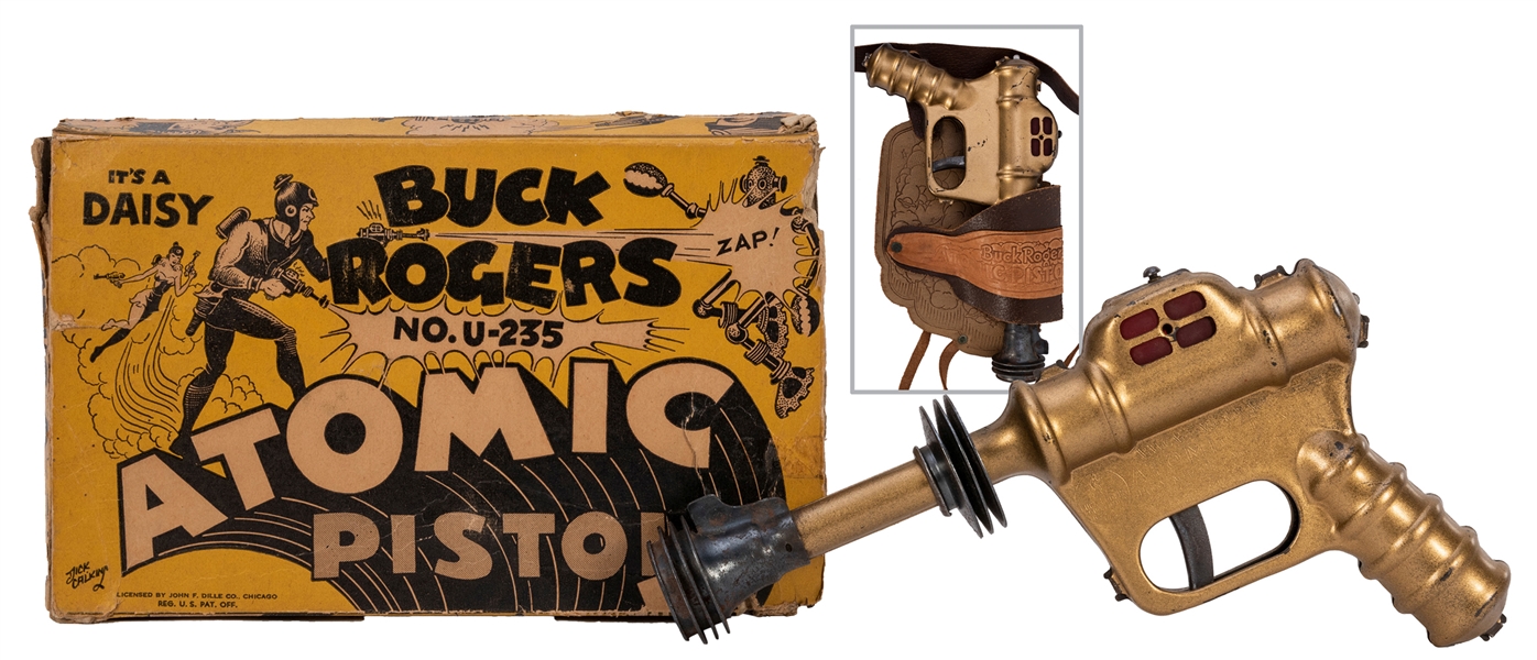  Buck Rogers Atomic Pistol in Original Box with Leather Holster. 1935.