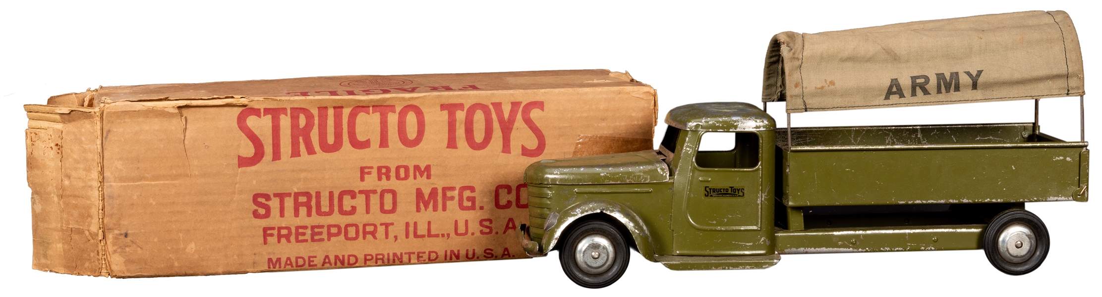  Structo Diamond T U.S. Army Canvas Top Transport Truck in Original Box. 1939.