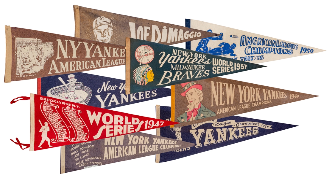  Lot of Nine 1930s—1950s New York Yankees Pennants. 