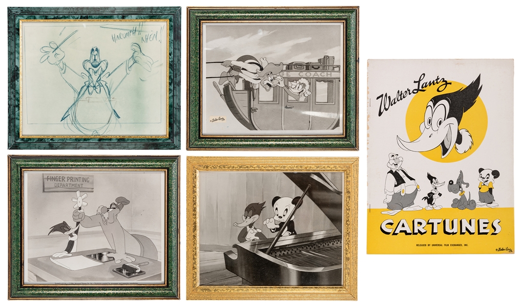  Walter Lantz Group of Framed Stills and “Cartunes” Booklet with Original Lantz Pencil Sketch of Wally Walrus. 