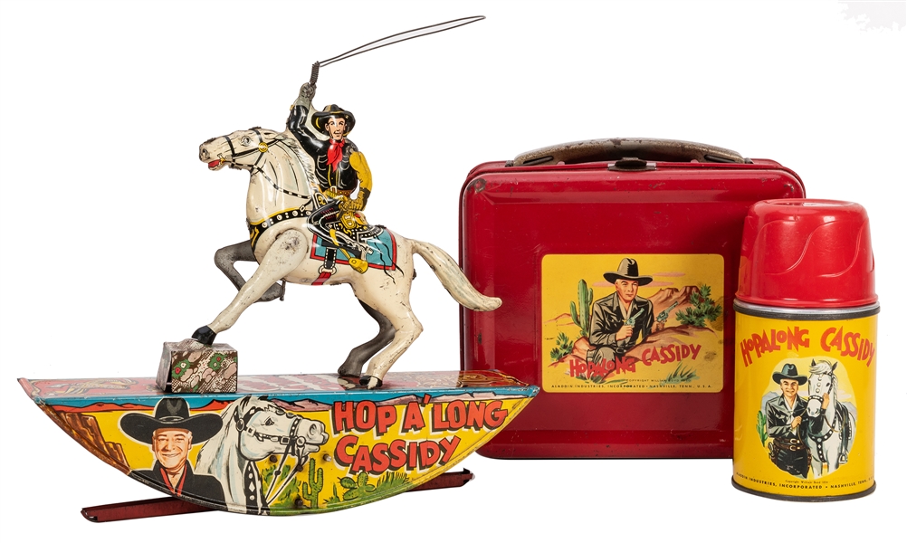  1950 Hopalong Cassidy Lunchbox, Thermos, and Marx Rocking Toy. 
