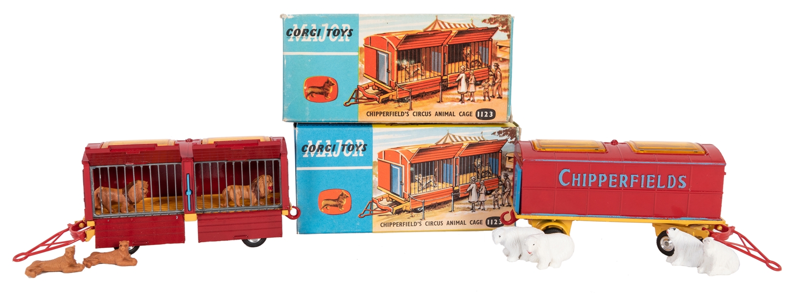  Lot of 2 Corgi Chipperfields Circus Animal Cages #1123 in Original Boxes. 1961.