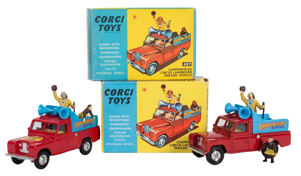  Lot of 2 Corgi Chipperfields Circus Land Rover Circus Parade Vehicles #487 in Original Boxes. 1965.