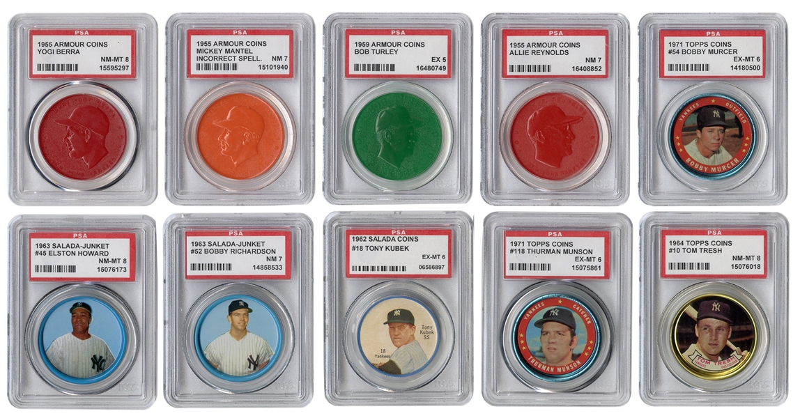  1950s—70s Graded Yankees Coins and Pins. Lot of 10. 