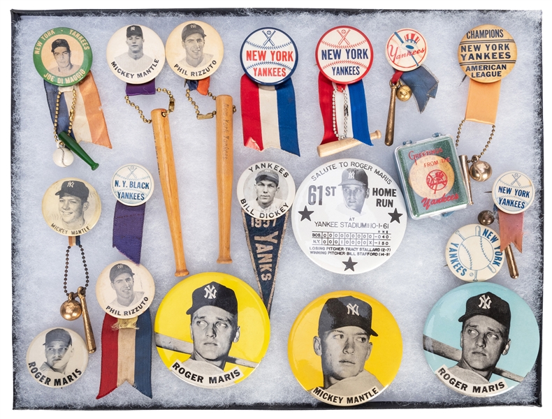 Group of 27 Vintage New York Yankees Pins, Ribbons, and Charms. 