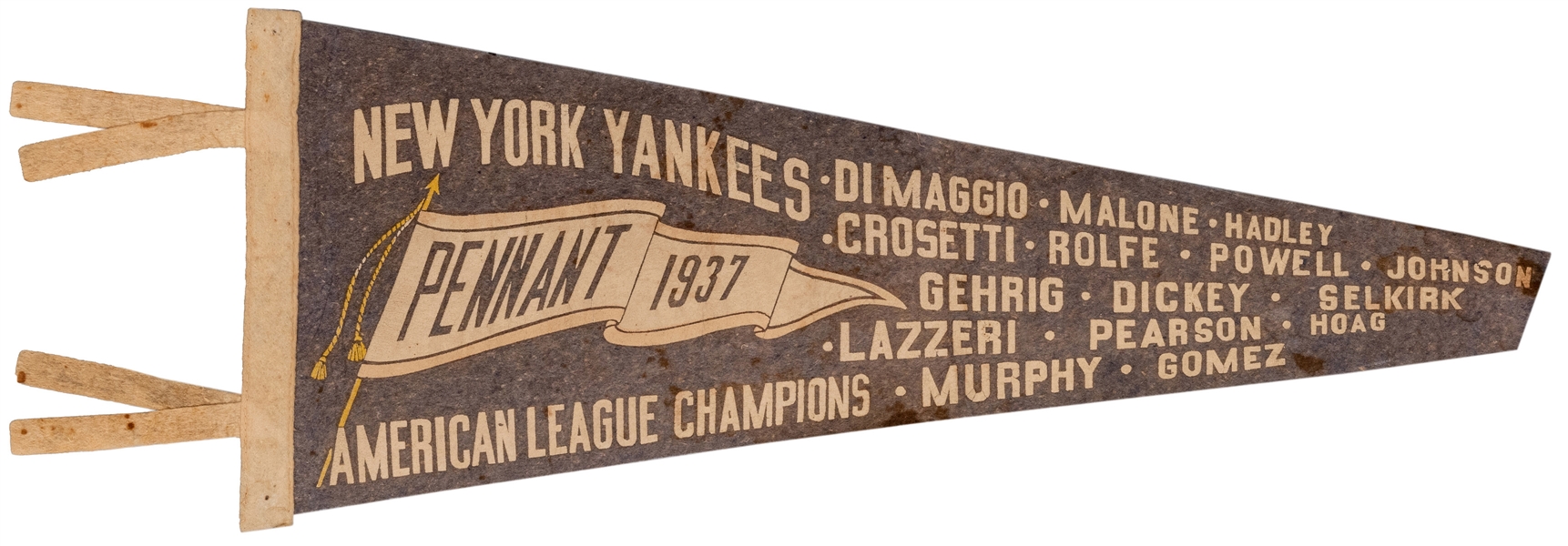  1937 New York Yankees AL Champions Felt Pennant. 