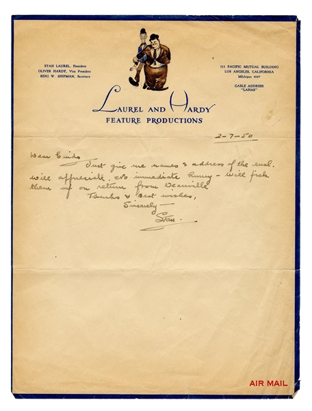 Stan Laurel Autograph Letter Signed. 