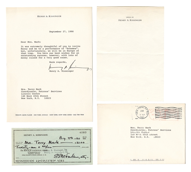  One Page TLS and Cheque from Henry Kissinger. 