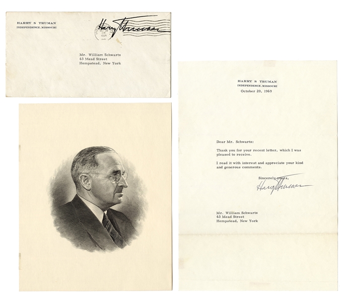  One-Page TLS from Former President Truman with Original Envelope and Engraved Portrait. 