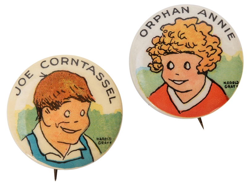  Little Orphan Annie and Joe Corntassel Buttons. 