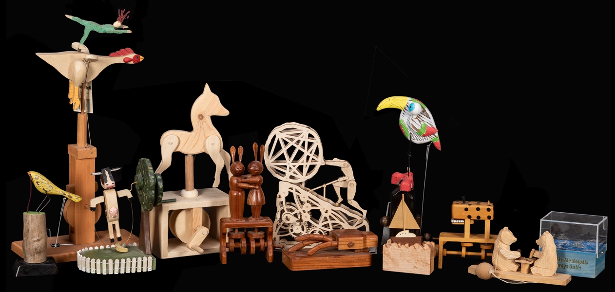 Dozen Whimsical Wooden Automatons / Kinetic Sculptures.