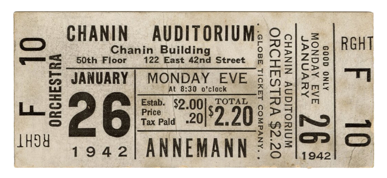 Annemann, Theo (Theodore Squires). Annemann Final Performance Unused Ticket. 