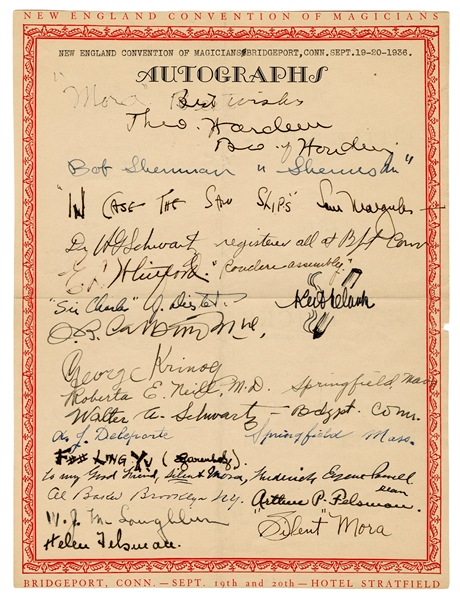 [Silent Mora] Autograph Page from New England Convention of Magicians. 1936. 