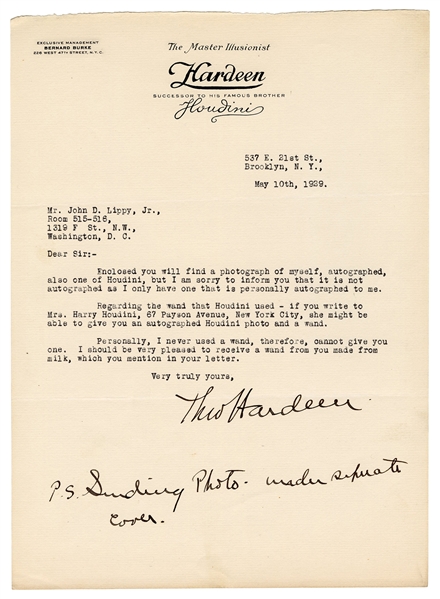 Hardeen (Theo Weiss). Hardeen Typed Letter, Signed. 