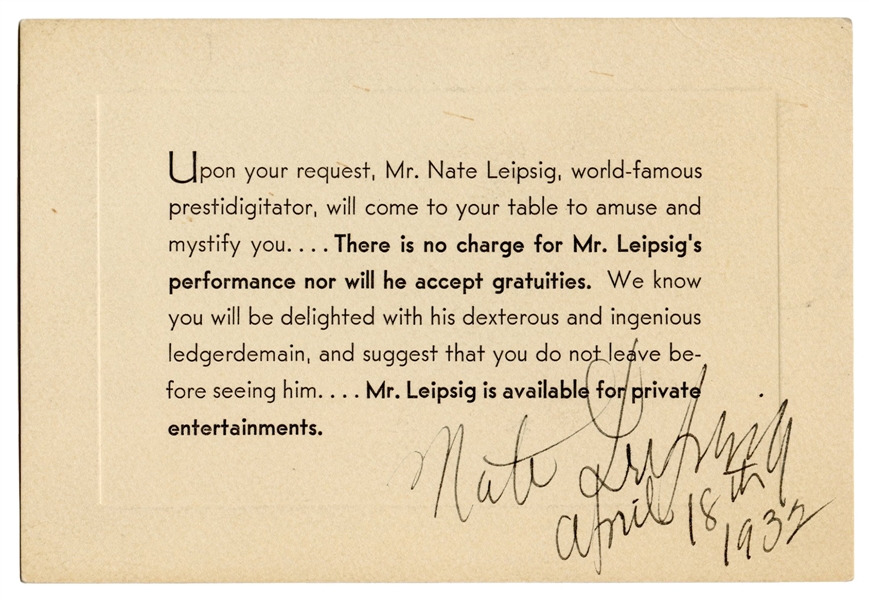Leipzig, Nate. Autographed Leipzig Table Card. 