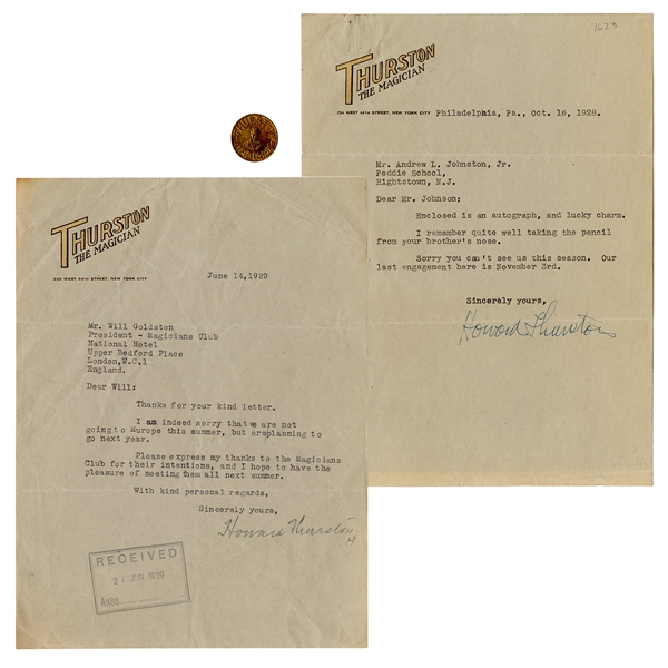 Two Howard Thurston Typed Letters, Signed. 