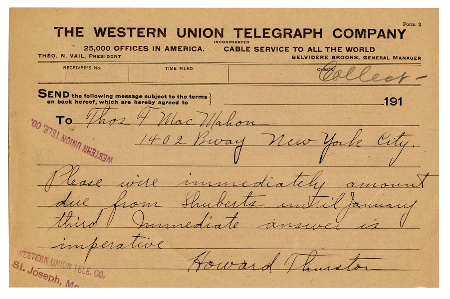 Howard Thurston Western Union Telegraph. 