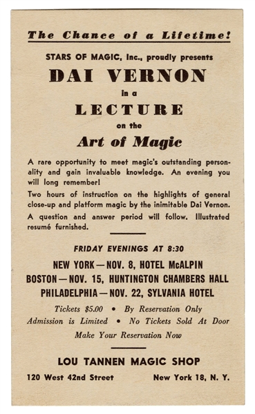 Dai Vernon Lecture Postcard. Circa 1946. 