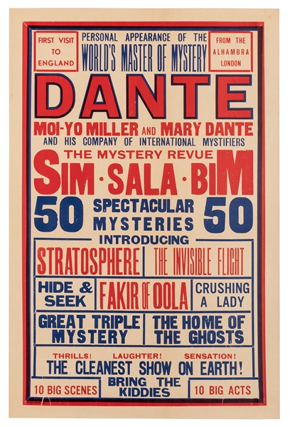 Dante (Harry August Jansen). World’s Master of Mystery. Sim-Sala-Bim. Two-color broadside.