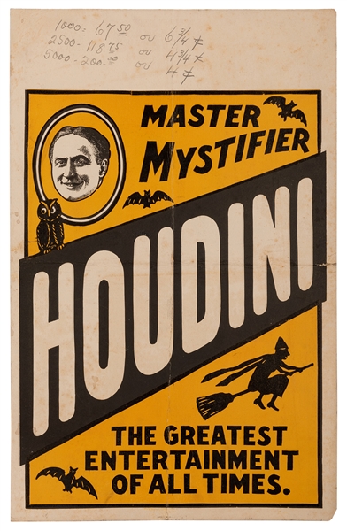 Houdini, Harry (Ehrich Weisz). Master Mystifier. Houdini. Window card.