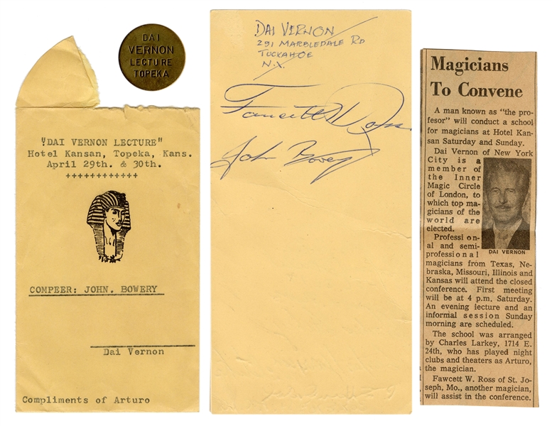 Dai Vernon Topeka Lecture Signed Card and Token. 