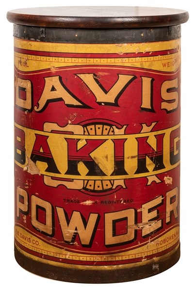 Davis Baking Powder Wooden Barrel with Tabletop.