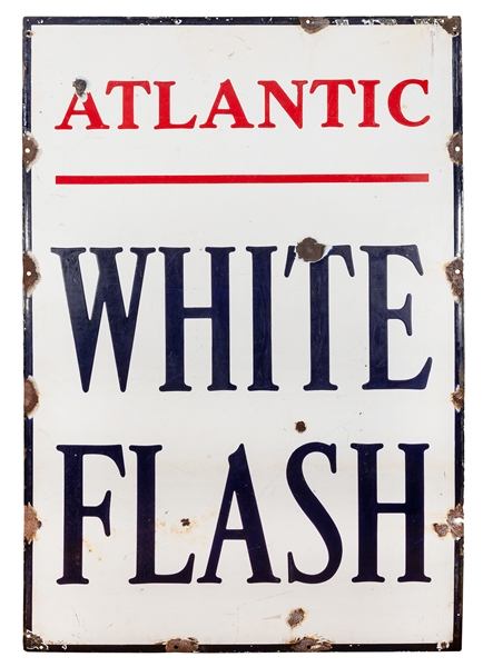 Atlantic White Flash Porcelain Gasoline Sign.