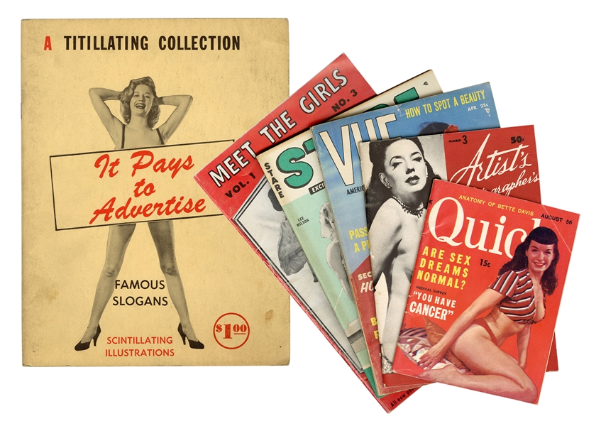 Lot of Six Pin-Up Magazines Featuring Bettie Page, Evelyn West, and Others.