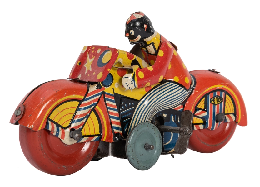 Mettoy Tinplate Windup Clown Motorcycle.