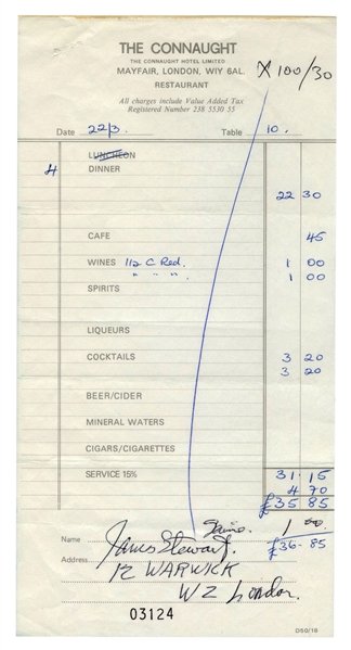 Jimmy Stewart Signed Hotel Bill at The Connaught, London. 