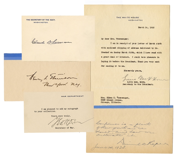 Five Autographs of Members of the FDR Administration. 